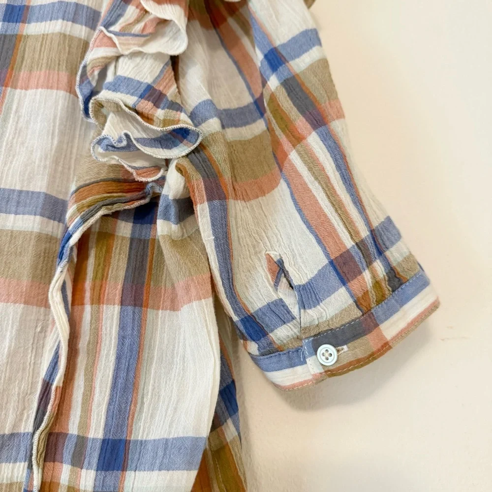 Madewell Women's Short Sleeve V-Neck Shoulder-Ruffle Top in Plaid